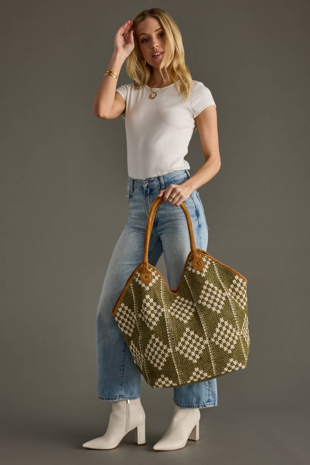 Olive & Cream Diamond Pattern Tote - Cloth + Cabin