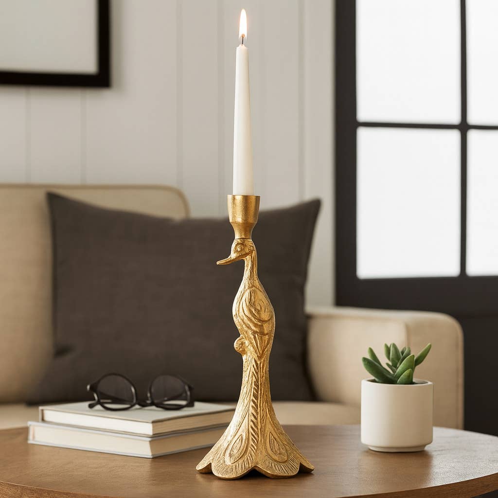 Gold Peacock Taper Candle Holder - Cloth + Cabin