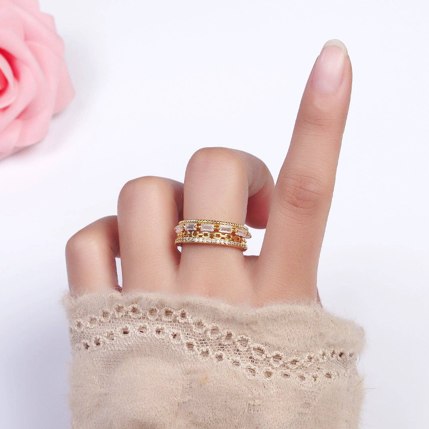 Gold Filled Clear CZ Baguette Cable Link Multiple Band Ring