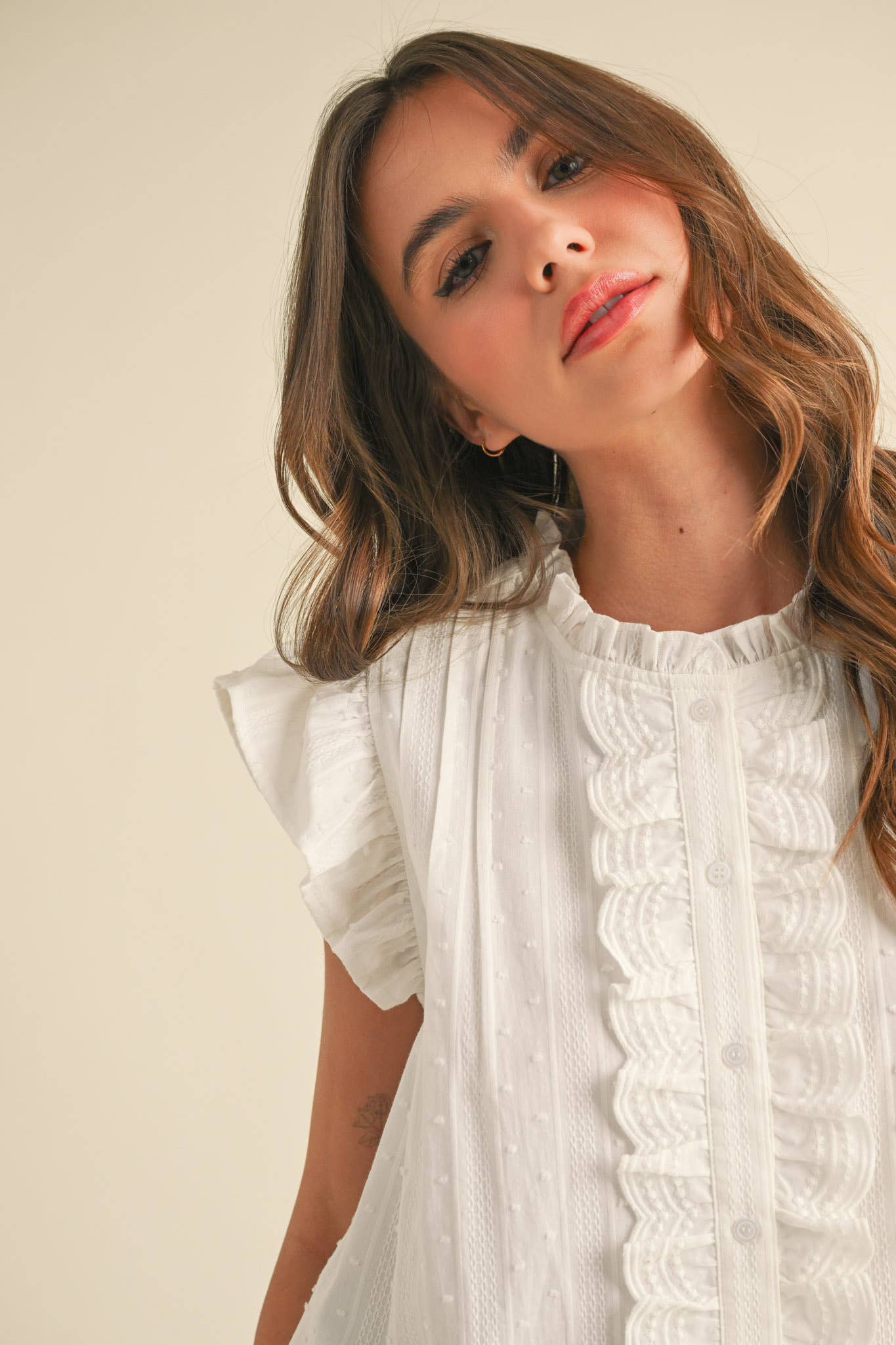 RUFFLE TRIM BUTTON DOWN TOP MTP4012 - Cloth + Cabin